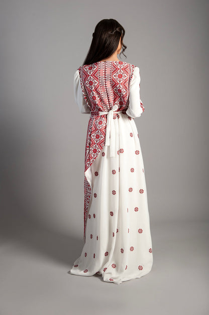 White patterned dress - embroidered - Royal Crimson Heritage Gown
Ethereal Layers & Artisan Embroidery