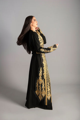 Women Kaftan Long embroidery Maxi Dress - black-Long Sleeves, Bridal, Evening, Party