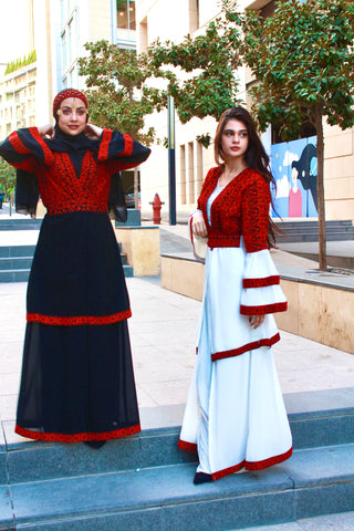 Embroidered and pleated dress with embroidered center and sleeves