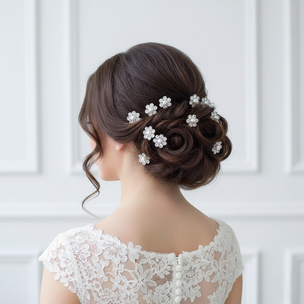 10Pcs Elegant Pearl Flower Hair Pins - Floral roz Hair Jewelry Pins for Brides & Formal Bun Hairstyles.