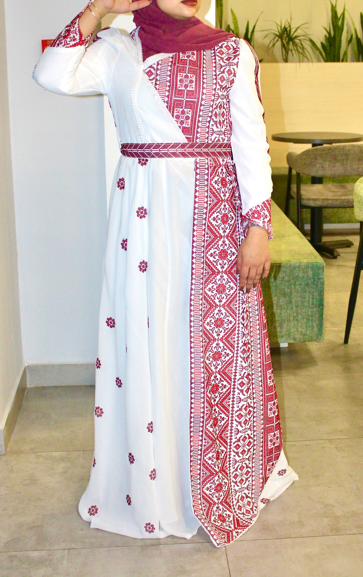 White patterned dress - embroidered - Royal Crimson Heritage Gown
Ethereal Layers & Artisan Embroidery