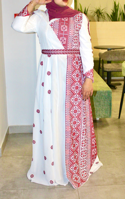 White patterned dress - embroidered - Royal Crimson Heritage Gown
Ethereal Layers & Artisan Embroidery