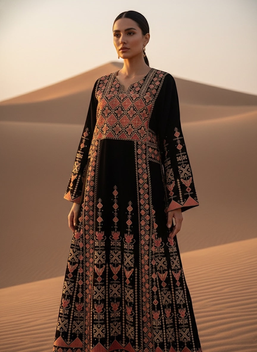 Embroidered Dress Heritage Gown - Thob - embroidery extends seamlessly from the front to the entire back