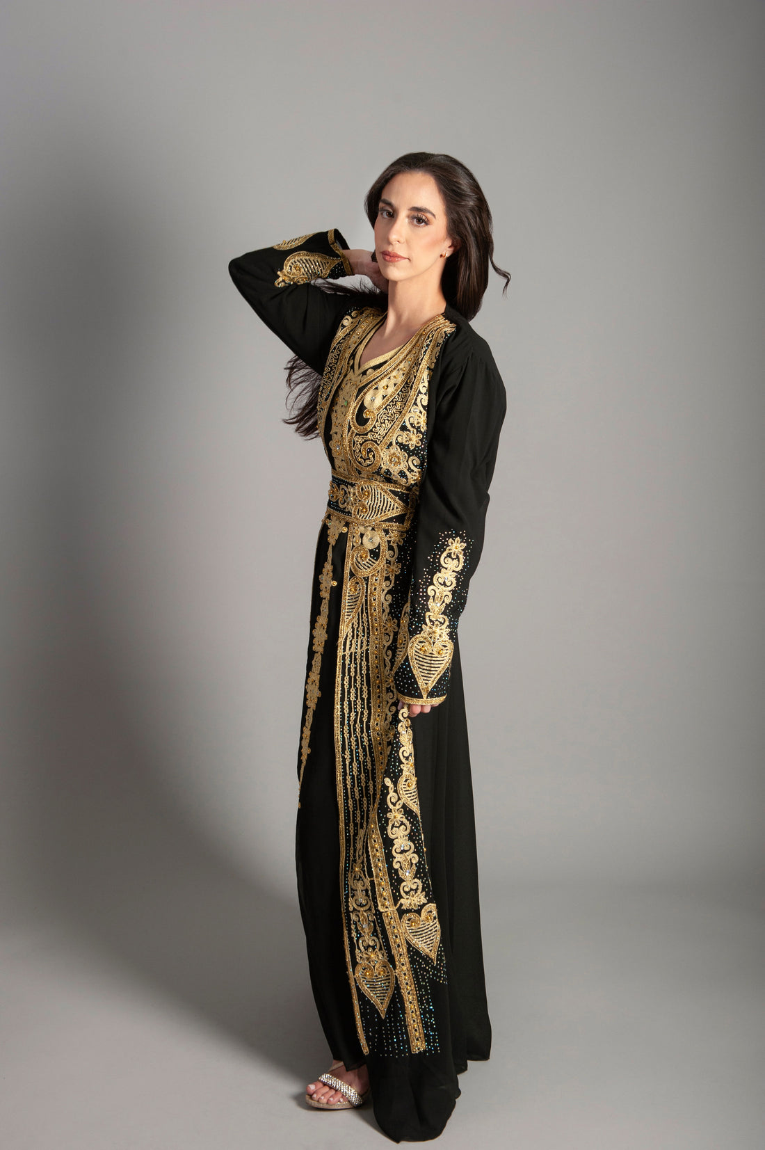 Women Kaftan Long embroidery Maxi Dress - black-Long Sleeves, Bridal, Evening, Party