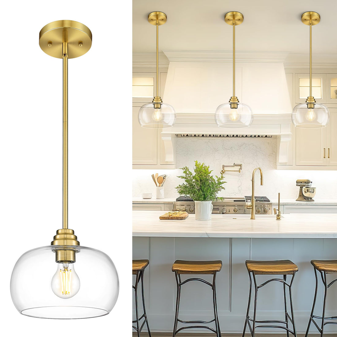 1-Light Modern Brushed Gold Pendant Lights 9in