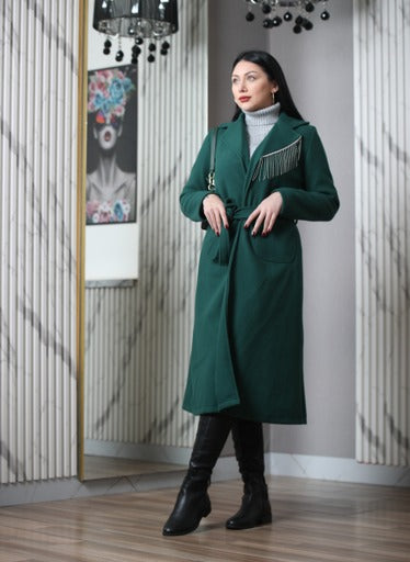 long winter jacket - Knee-Length - Modern Emerald Belted Overcoat with Metallic Fringe