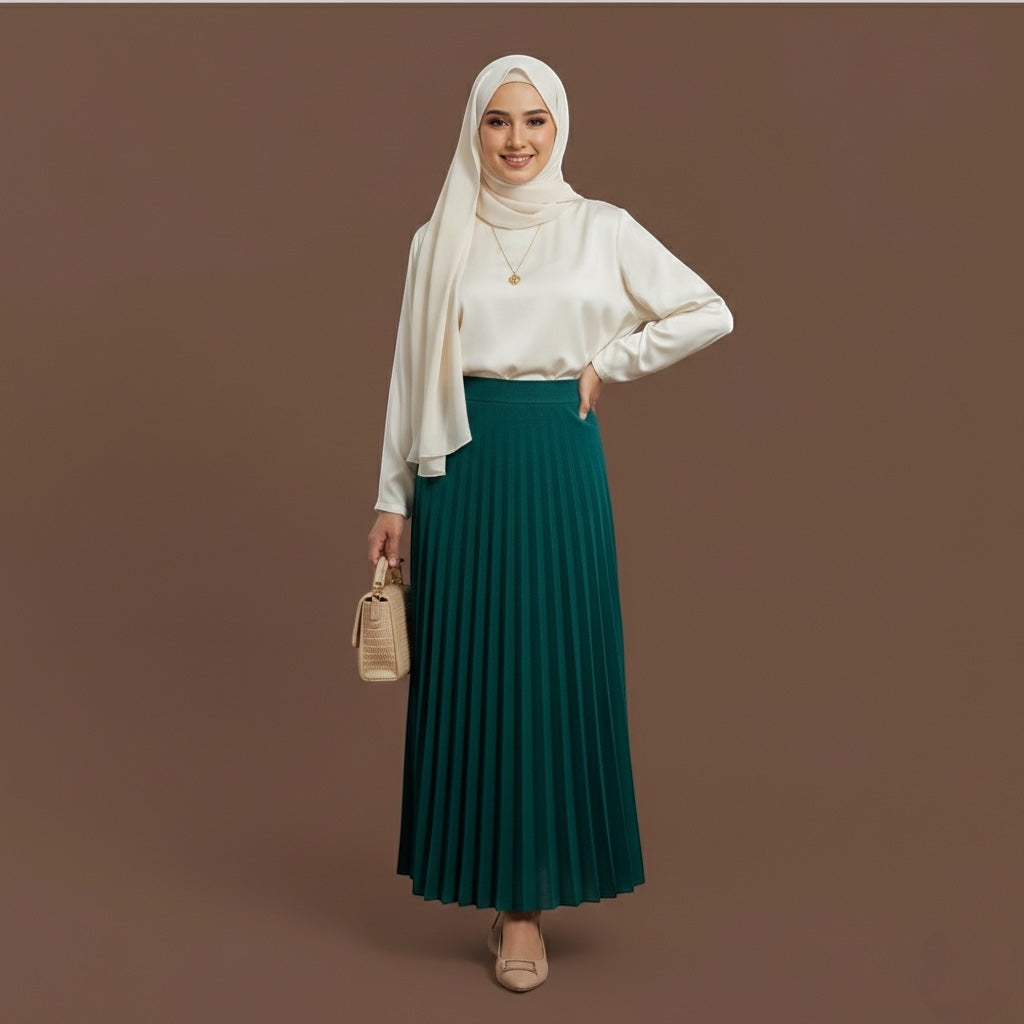 Skirt Maxi - Emerald Green High-Waist Pleated Maxi Skirt