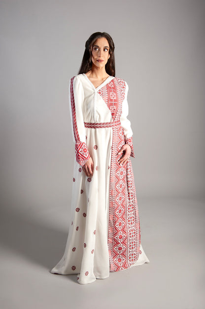 White patterned dress - embroidered - Royal Crimson Heritage Gown
Ethereal Layers & Artisan Embroidery