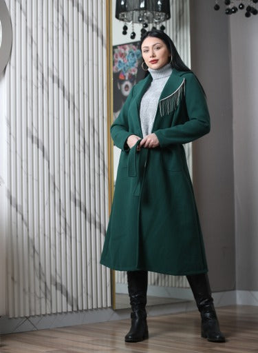 long winter jacket - Knee-Length - Modern Emerald Belted Overcoat with Metallic Fringe