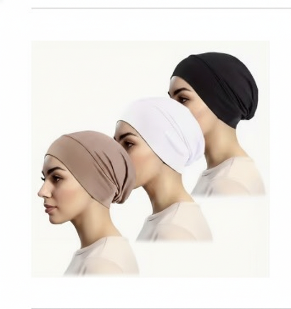3pcs Set Women’s Elastic (Jersey) Muslim Turban Hat - Base Hijab Under-Cap, Soft Chemo Head Wrap, (Black, White, Brown)