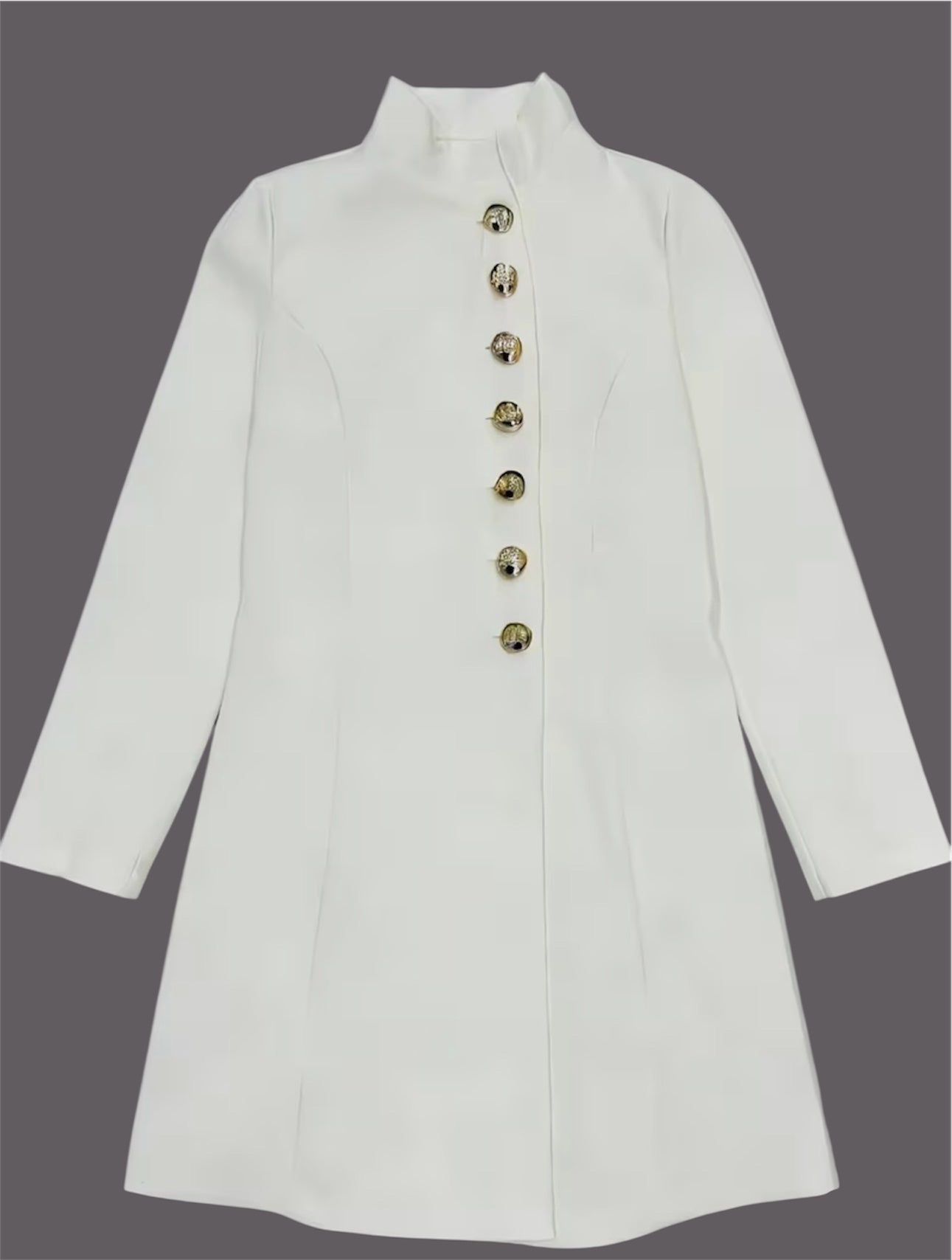 Elegant High-Neck Button Front Mini Dress – Tailored Waist Structured Silhouette with Seven Decorative Buttons, Long Sleeve Chic Fashion Dress for Women