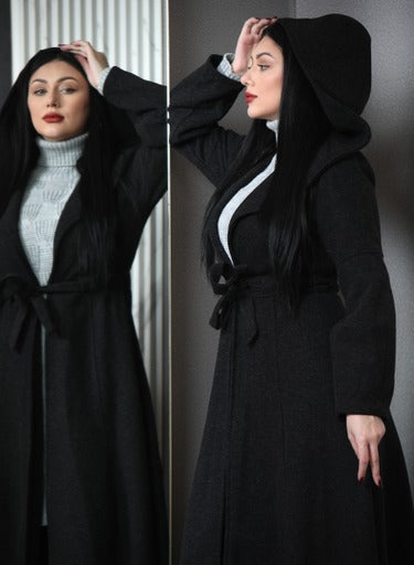 long coat - hoodie design - black