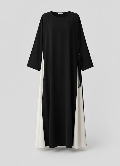 Kaftan-Elegant Two-Tone Modest Abaya with Side Tie - Black &amp; Cream