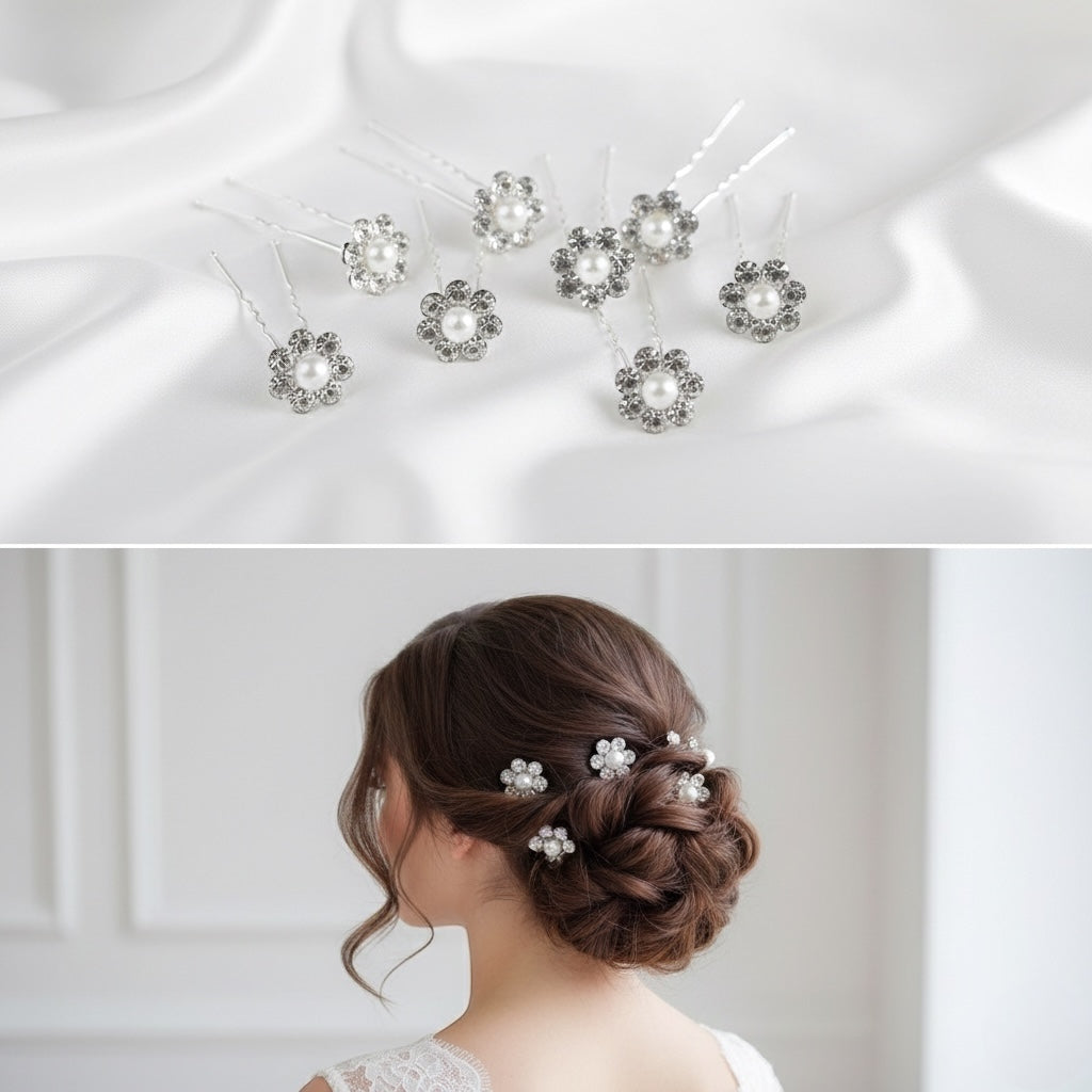 10Pcs Elegant Pearl Flower Hair Pins - Floral roz Hair Jewelry Pins for Brides & Formal Bun Hairstyles.