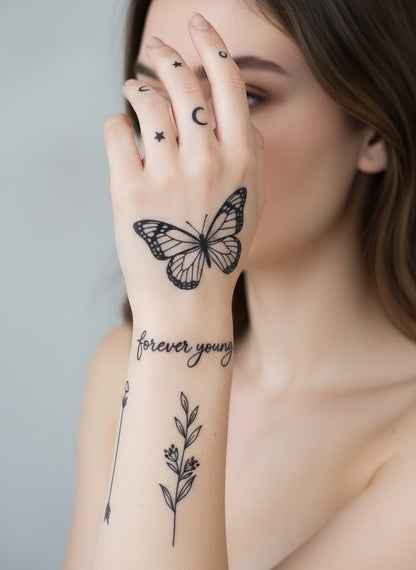 30 sheets - Waterproof Temporary Body Tattoos - Black Aesthetic Series - Decorative Tattoos - Small Designs Suitable For Fingers And The Neck
