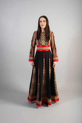 Embroidered Long Dress Women Striped Stamping Belted Evening Dresses - Party Abaya - Embroidered in luxurious gold