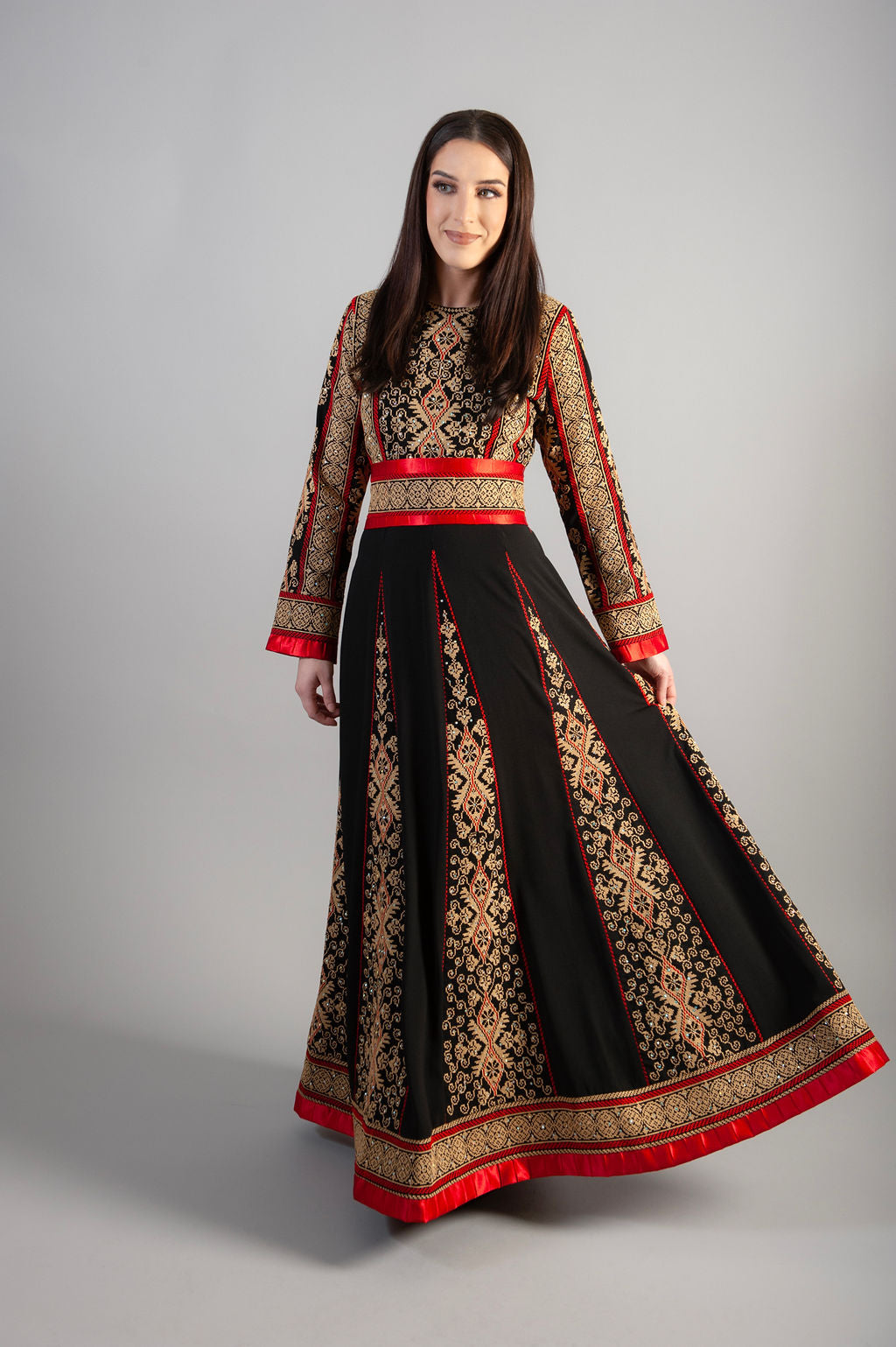 Embroidered Long Dress Women Striped Stamping Belted Evening Dresses - Party Abaya - Embroidered in luxurious gold