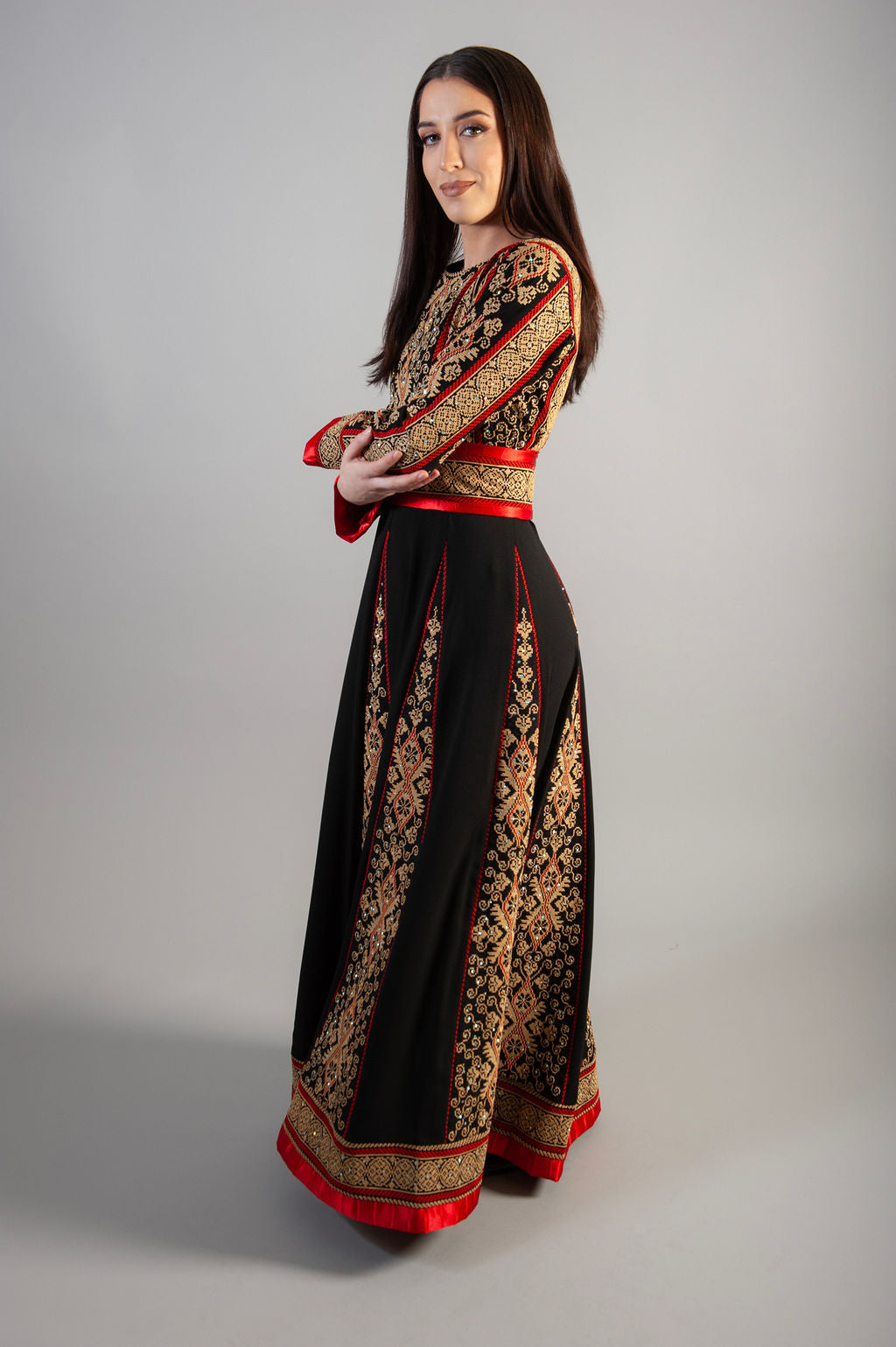 Embroidered Long Dress Women Striped Stamping Belted Evening Dresses - Party Abaya - Embroidered in luxurious gold