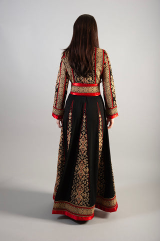 Embroidered Long Dress Women Striped Stamping Belted Evening Dresses - Party Abaya - Embroidered in luxurious gold