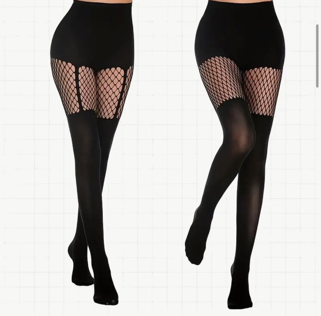 Sheer Stockings-Sheer Fishnet Stockings with Thigh &amp; Calf Mesh Panels