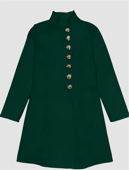 Elegant High-Neck Button Front Mini Dress – Tailored Waist Structured Silhouette with Seven Decorative Buttons, Long Sleeve Chic Fashion Dress for Women