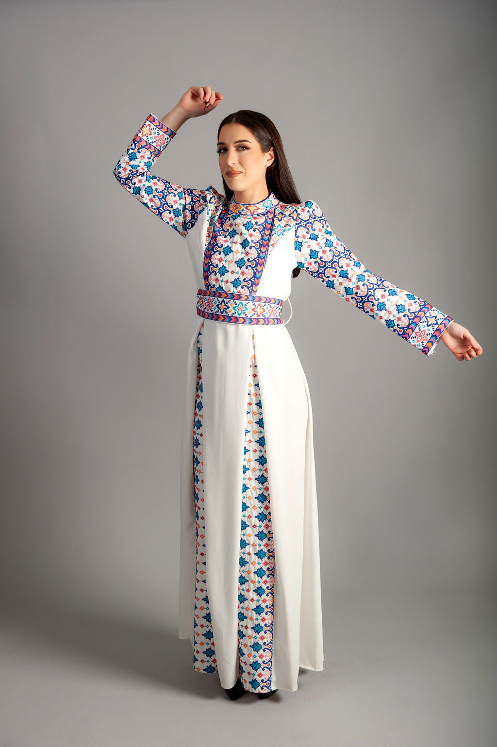 Embroidery White Dress with a mesmerizing blue and purple pattern - Tradition and Contemporary Elegance