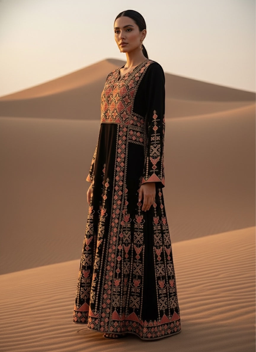 Embroidered Dress Heritage Gown - Thob - embroidery extends seamlessly from the front to the entire back