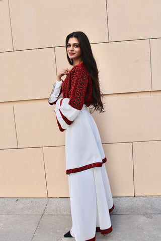 Embroidered and pleated dress with embroidered center and sleeves - white