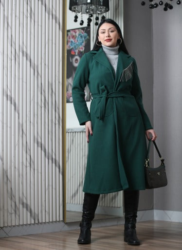 long winter jacket - Knee-Length - Modern Emerald Belted Overcoat with Metallic Fringe