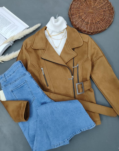 Short jacket - Two-Tone Biker Jacket with Asymmetric Zip