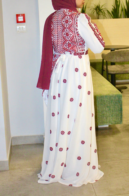 White patterned dress - embroidered - Royal Crimson Heritage Gown
Ethereal Layers & Artisan Embroidery