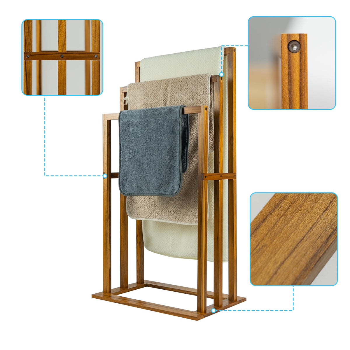 Freestanding Brown Wood 3-Bar Floor Towel Rack