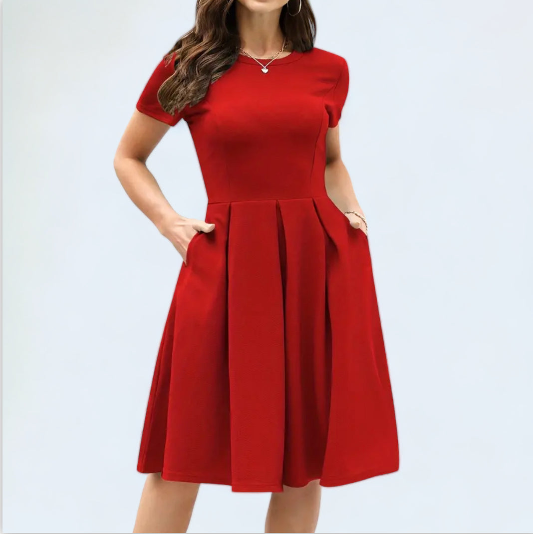 Red dress stylish - pockets - short sleeves - suitable for parties &amp; outings.