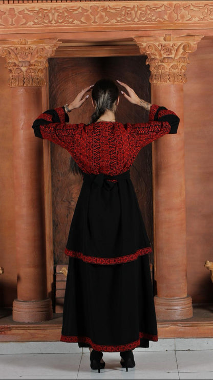 Embroidered and pleated dress with embroidered center and sleeves