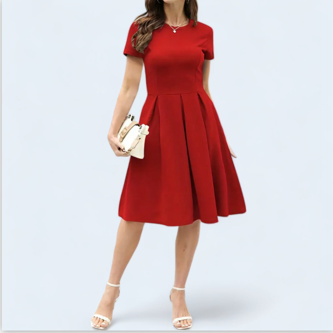 Red dress stylish - pockets - short sleeves - suitable for parties &amp; outings.