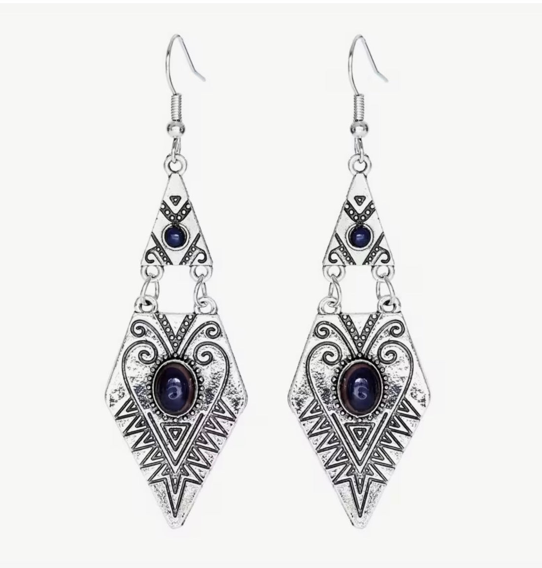 Vintage Ethnic Rhombus Drop Earrings – Antique Silver Traditional Bohemian Jewelry with Inlaid Synthetic Gemstone, Elegant Tribal Style Dangle Earrings for Women