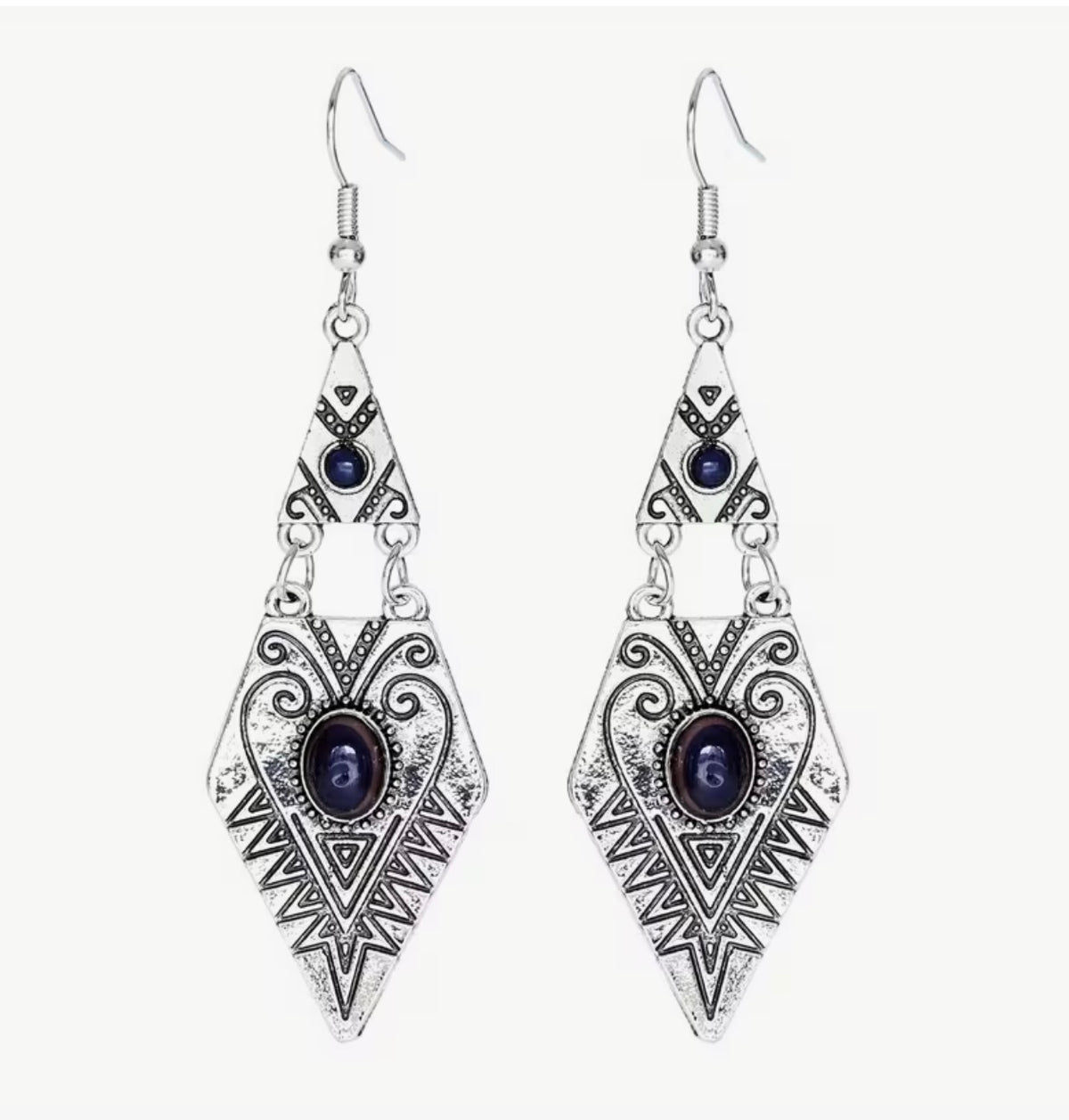 Vintage Ethnic Rhombus Drop Earrings – Antique Silver Traditional Bohemian Jewelry with Inlaid Synthetic Gemstone, Elegant Tribal Style Dangle Earrings for Women