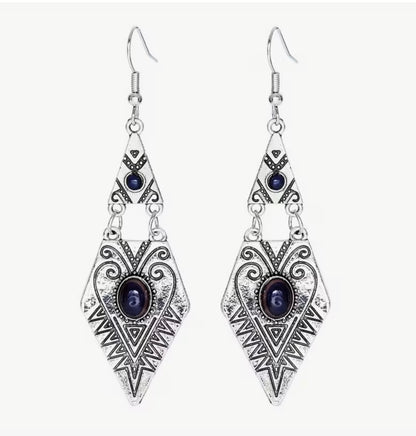 Vintage Ethnic Rhombus Drop Earrings – Antique Silver Traditional Bohemian Jewelry with Inlaid Synthetic Gemstone, Elegant Tribal Style Dangle Earrings for Women