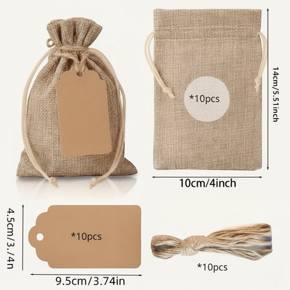 Linen Drawstring Gift Bags with Tags 10-Pack