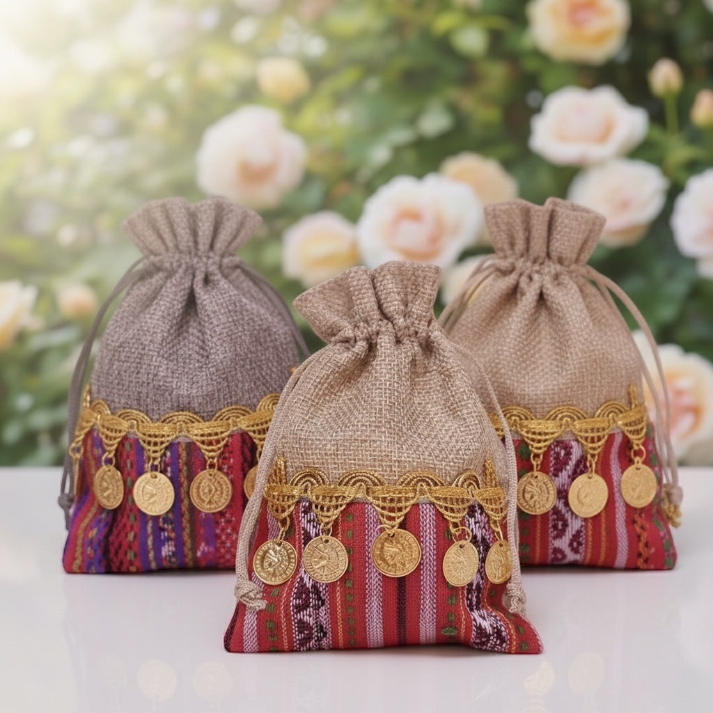Gift Bags _ Set of 12 Handcrafted Traditional -Textile Drawstring Pouches – Premium Keepsake Gift Bags for Fine Jewelry, Luxury Wedding Favors, and Elegant Celebration Giveaways