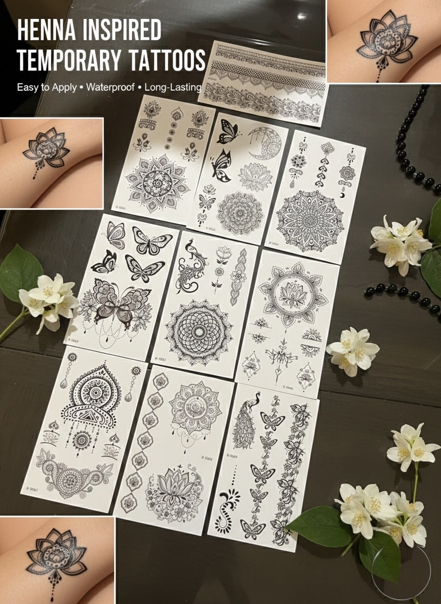 Henna Collection - Temporary Tattoo 10-Piece Traditional Henna-Inspired Patterns With Modern Artistry