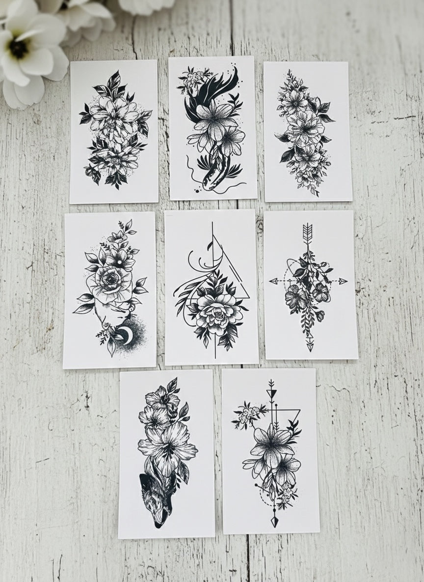 8pcs Temporary Tattoo Floral Whispers &amp; Wild Shadows Collection