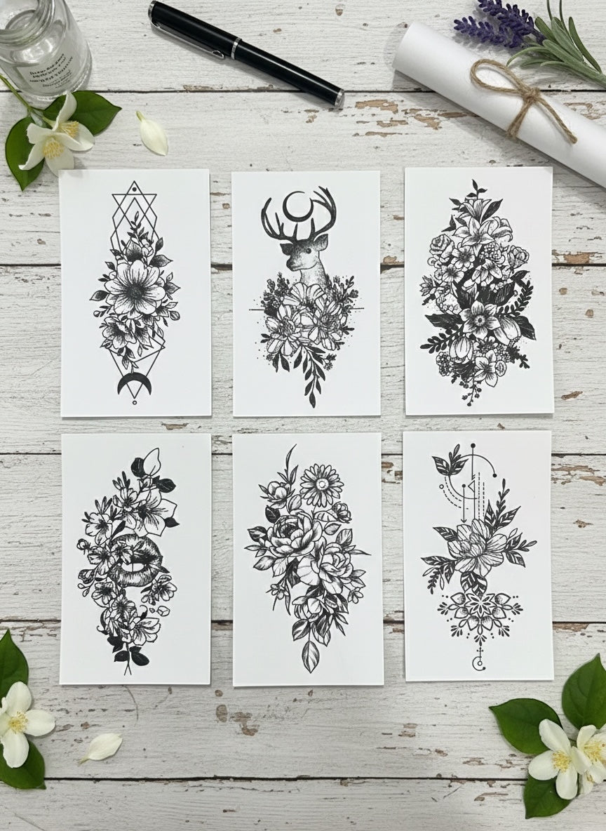 Tattoo - 6pcs Temporary Tattoo Vintage Monochrome Flora and Fauna Tattoo Anthology