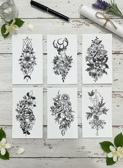 Tattoo - 6pcs Temporary Tattoo Vintage Monochrome Flora and Fauna Tattoo Anthology