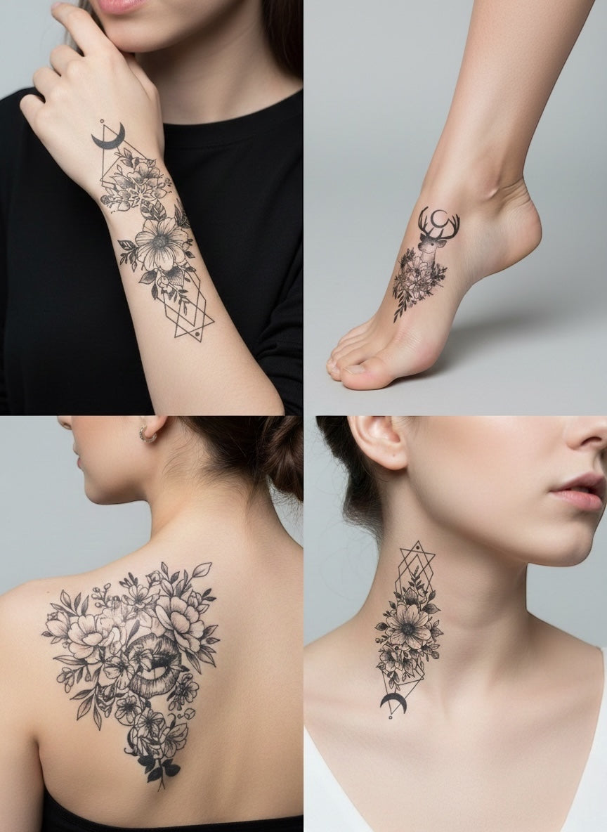 Tattoo - 6pcs Temporary Tattoo Vintage Monochrome Flora and Fauna Tattoo Anthology