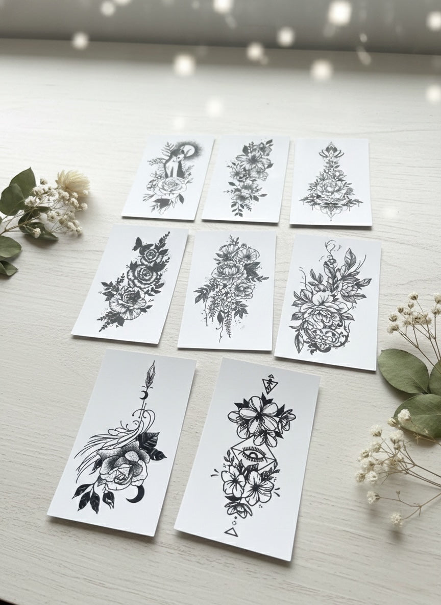 Aesthetic Minimalist Noir Floral Temporary Tattoo Bundle 8psc