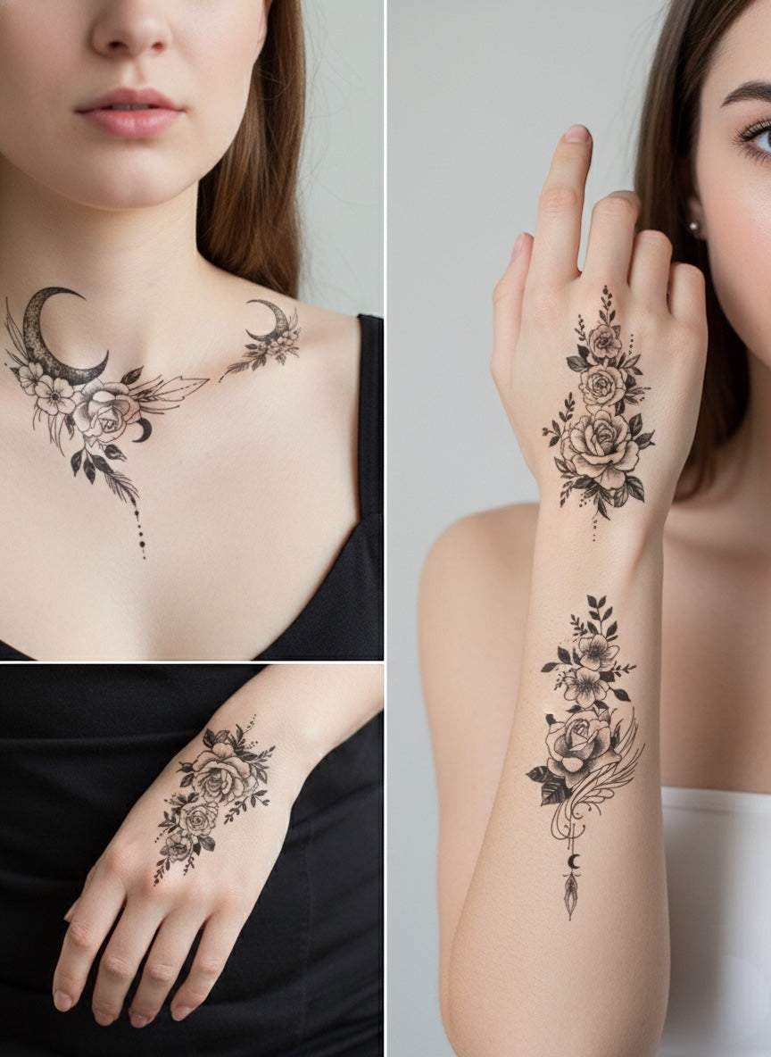 Aesthetic Minimalist Noir Floral Temporary Tattoo Bundle 8psc