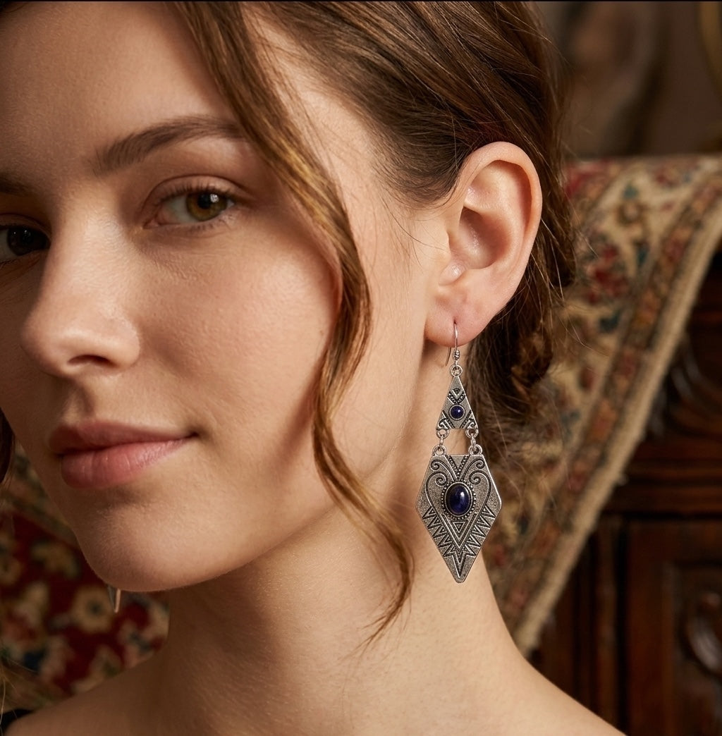 Vintage Ethnic Rhombus Drop Earrings – Antique Silver Traditional Bohemian Jewelry with Inlaid Synthetic Gemstone, Elegant Tribal Style Dangle Earrings for Women