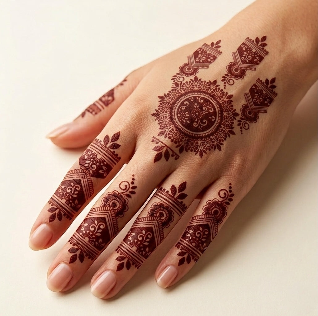 Henna Tattoo - Vintage Mandala Floral Henna Hand Tattoo – Traditional Ethnic Mehndi Design with Finger Patterns, Elegant Circular Mandala Temporary Tattoo for Women