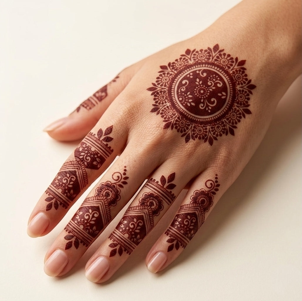 Henna Tattoo - Vintage Mandala Floral Henna Hand Tattoo – Traditional Ethnic Mehndi Design with Finger Patterns, Elegant Circular Mandala Temporary Tattoo for Women